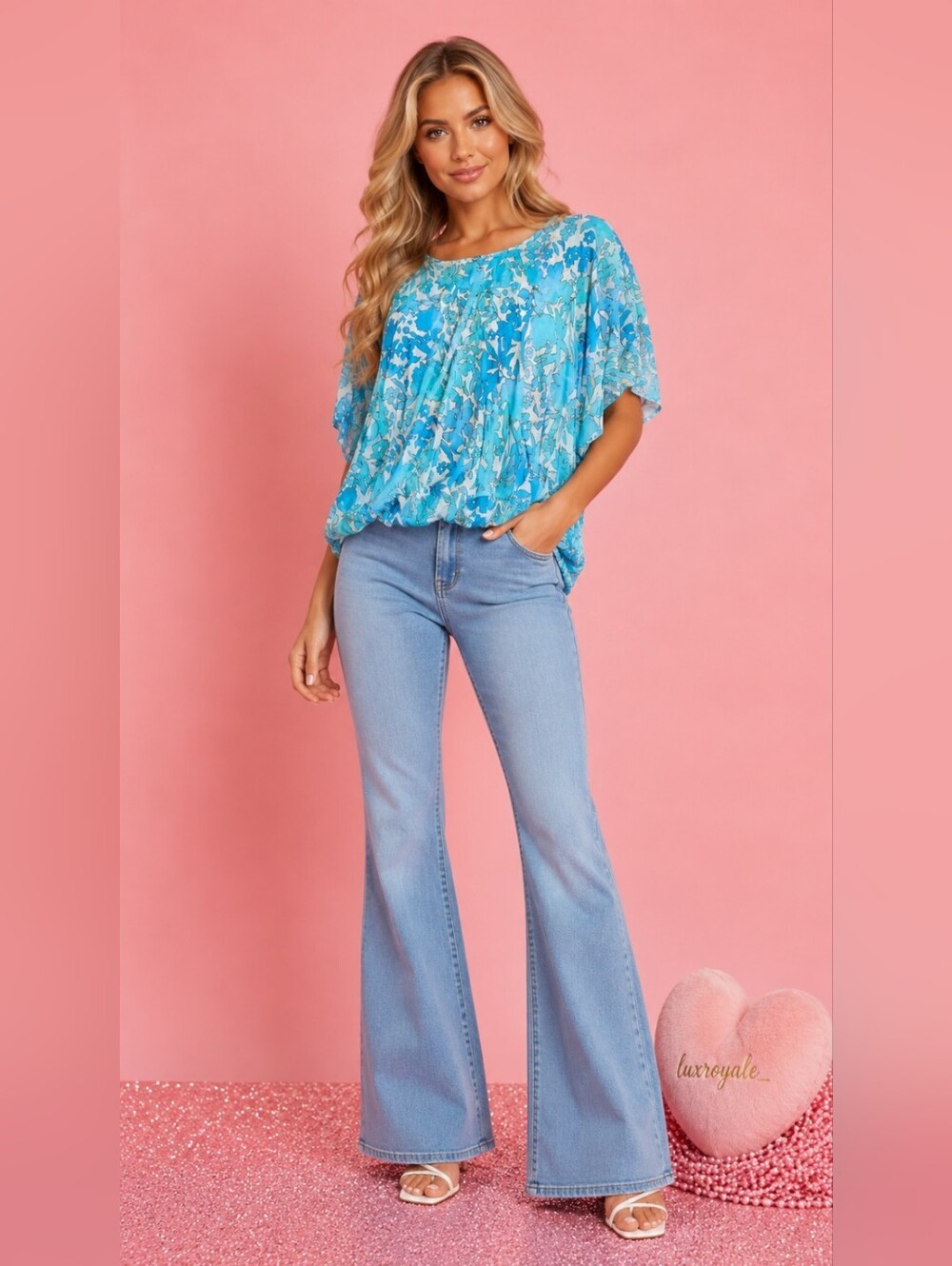 Jennifer Lopez Blue Floral Dolman Blouse Size Large Batwing Flowy Top - Picture 3 of 5